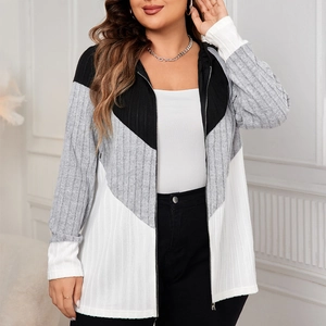 Women's plus size color-block rib-knit zip-up hoodie with black, grey, and white stripes