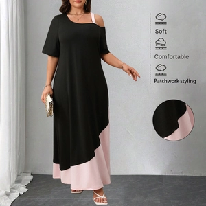 Women Plus Size Maxi Dress Asymmetric Off Shoulder Pink Black Patchwork A-Line Summer Dress Short Sleeve Casual Party Gown