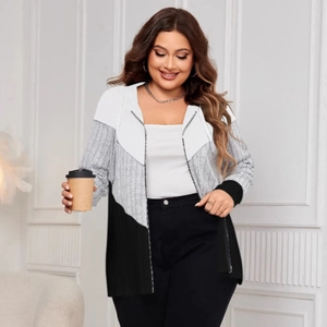 Women's striped color-block knit cardigan with drawstring hood and casual loose fit design