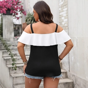 Plus size off shoulder top with white ruffled sleeves and black bodice back view