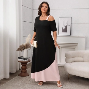 Women's asymmetric black and pink contrast maxi dress with cold-shoulder design