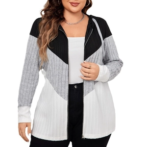 Women's oversized hooded knit cardigan featuring black, grey, and white striped color block