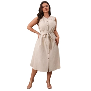 Elegant beige sleeveless button-down midi dress with waist belt and round neck