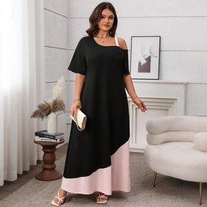 Elegant plus size black maxi dress with pink patchwork hem and cold shoulder detail