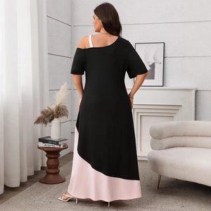 Women asymmetric black and pink patchwork off-shoulder maxi dress for summer style