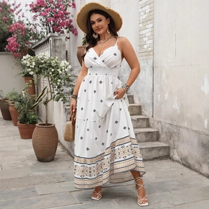 White V-neck maxi dress with floral print and ethnic hem border for summer elegance