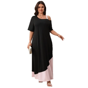 Elegant plus size black and pink patchwork dress with asymmetric cold shoulder design