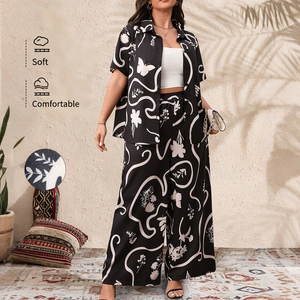 Women's Plus Size Outfits Floral Butterfly Print Short Sleeve Lapel Shirt And Wide Leg Pants Top And Pants Black White Casual Co-ords