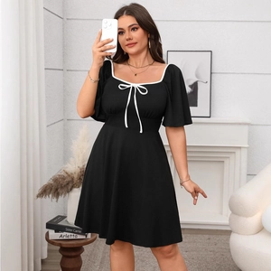 Elegant black square neck A-line dress with white contrast trim and bow detail