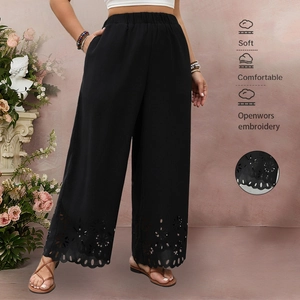 Women Plus Size Wide Leg Pants High Waist Laser Cut Hollow Out Floral Hem Elastic Waist Casual Black Trousers