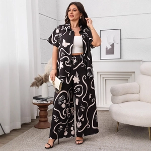 Women's 2-piece set with short sleeve printed cardigan and high-waist wide-leg pants