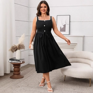 Elegant black backless midi dress with white piping and waist tie for women