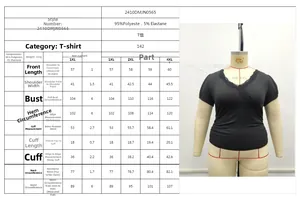 Detailed size chart for lace-trimmed plus size knit T-shirt including 1XL to 4XL measurements