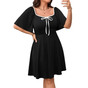 Women's plus size black square neck dress with white bow and ruffle sleeves