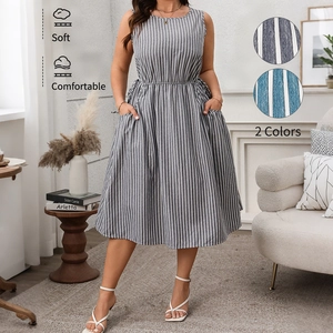Women Striped Sleeveless Midi Dress Round Neck Elastic Waist A-Line Style Casual Summer Dress With Functional Side Pockets