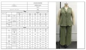Detailed 100% cotton size chart for green sleeveless vest and wide-leg pant set