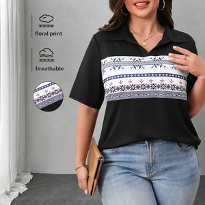 Damen Übergrößen Kurzarm Polohemd Casual V-Ausschnitt Geometrisch Ethnisch Druck Polyester Baumwollmischung T-Shirt Top