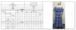 Detailed size chart and fabric composition for plus size blue and white print skirt set