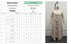 Size chart for women's plus size printed sleeveless maxi dress with material specifications