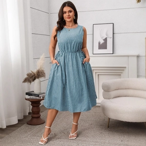 Sleeveless blue and white striped maxi dress with pockets and a high waist design