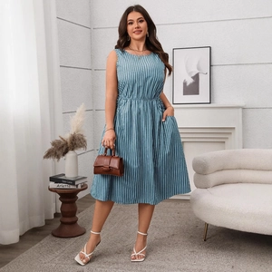 Women's blue and white vertical striped sleeveless midi dress with waist belt and pockets