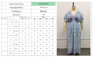 Size chart and detailed dimensions for plus size V-neck floral print maxi dress