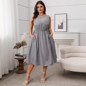 Elegant sleeveless gray and white striped dress with high waist and side pockets