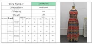 Detailed size chart and fabric specifications for the sleeveless halter printed maxi dress