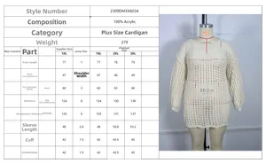 Tabella taglie copricostume in maglia traforata con misure dettagliate e foto modella