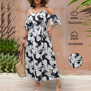Abito Maxi da Donna Taglie Forti con Stampa Floreale Scollo a V Spalle Scoperte Spacco Alto Girovita da Annodare Resort Estivo Bohemian Manica Corta