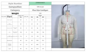 Detailed size chart for women's plus size white knit beach cover-up bolero cardigan
