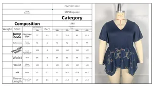 Detailed size chart and V-neck floral blouse dimensions for plus-size women clothing