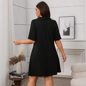 Elegant black polo collar short sleeve knit dress featuring a minimalist back view design