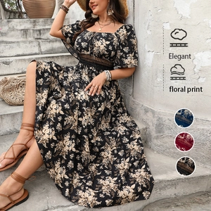 Robe Longue Maxi à Étages Grande Taille Femme Bohème Fleurie Col Carré Taille Dentelle Ajourée Manches Courtes Vacances