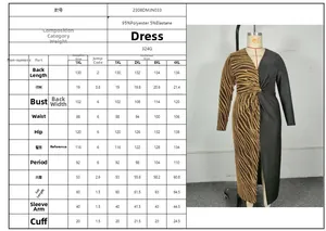Detailed size chart for plus-size leopard print patchwork V-neck dress with measurements