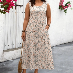 Women Plus Size Floral Sleeveless Maxi Dress Round Neck A-Line Vacation Long Dress With Pockets Summer Beach Casual