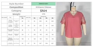 Detailed size chart for plus size V-neck short sleeve top with lace cuffs and fabric info