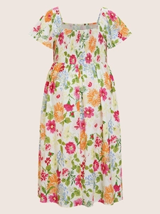 Detail of square neckline and elastic smocked bodice on colorful floral summer dress