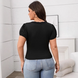 Women's black slim-fit short sleeve knit t-shirt with lace collar and puff sleeves