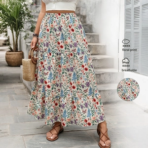 Jupe Longue à Étages Imprimé Floral pour Femmes Taille Haute Élastique Bohème Trapèze Grande Jupe de Vacances