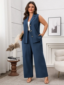 Deep blue sleeveless vest and high-waisted wide-leg pants two-piece set for women
