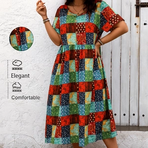 Robe Longue Grande Taille Femme Bohème Patchwork Floral Manches Courtes Col Rond Décontracté Été Vacances Plage
