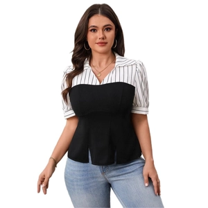 Women's 2025 striped patchwork short sleeve top in black and white with blue jeans
