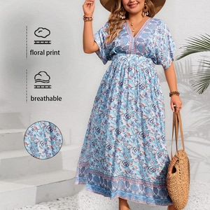Women's Plus Size Bohemian Floral Print V-Neck Short Sleeve High Waist Maxi Dress Summer Vacation Viscose Long Dress