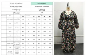 Size guide with detailed measurements for the floral V-neck high-waist maxi dress