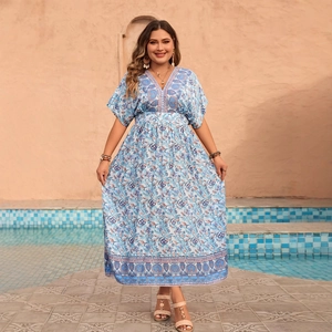 Bohemian paisley print V-neck maxi dress in light blue with elegant short sleeves