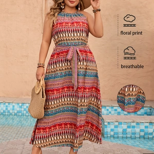 Women Plus Size Bohemian Geometric Print Halter Neck Maxi Dress Sleeveless Casual Vacation A-Line Long Dress With Belt
