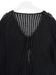 Close-up of the delicate hollow-out crochet pattern on this black knit cardigan