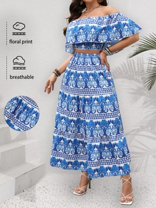 Plus Size Women Floral Print Top And Tiered Maxi Skirt Vacation Bohemian Summer Clothing Off Shoulder Crop Top And Long Skirt