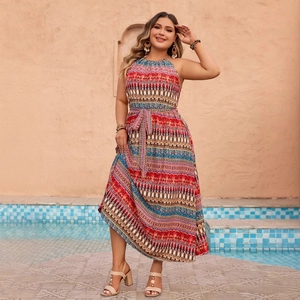 Bohemian floral halter neck sleeveless maxi dress with waist belt for summer vacation